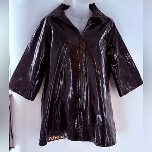 90s Rare WDNY PU Patent Leather Raincoat Black Long Overcoat Size 4 Leopard